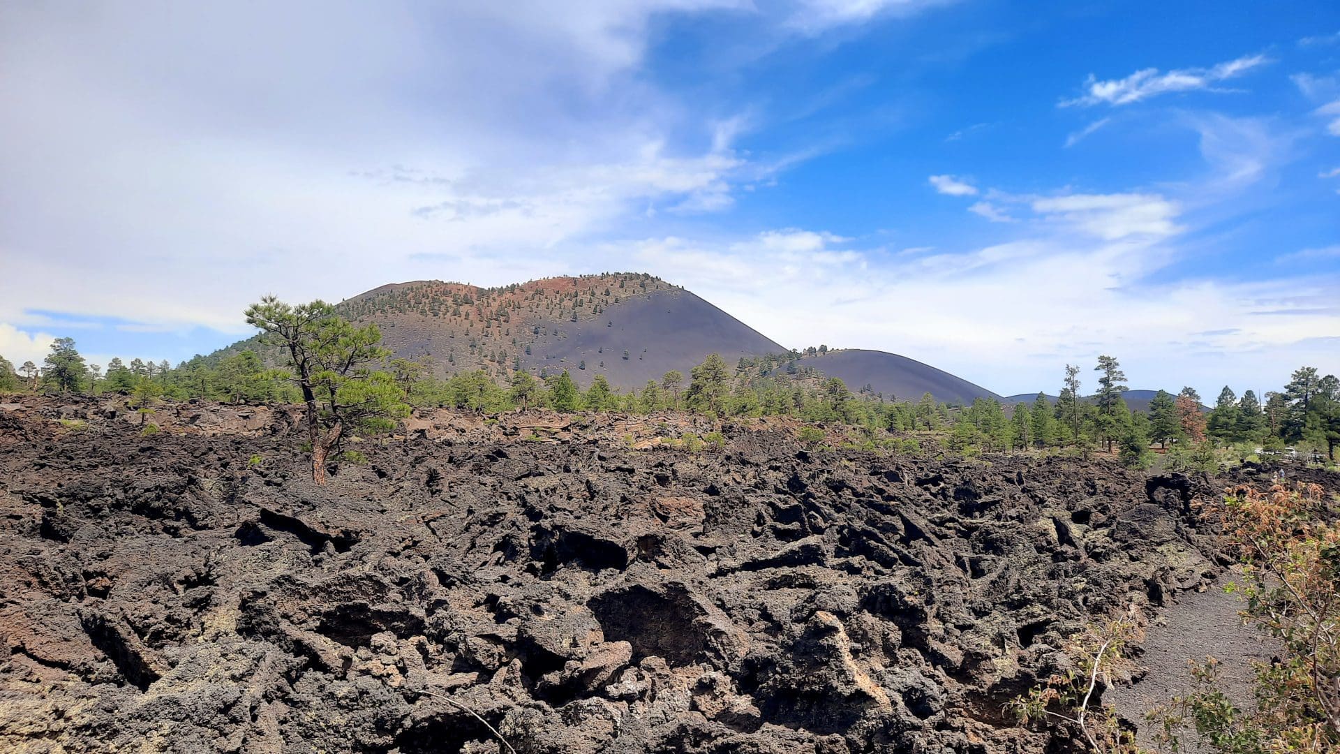 Blue skies above volcanic field at Sunset Crater Volcano National Monument in Arizona.