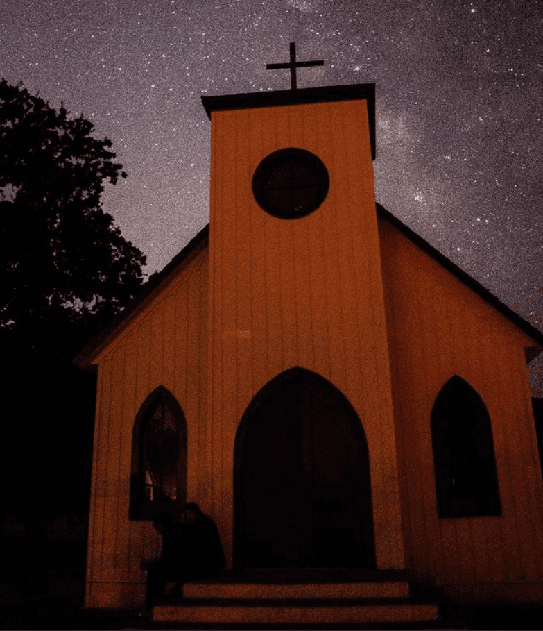 Paramount Chapel in front of dark skies at Santa Monica Mountains National Recreation Area