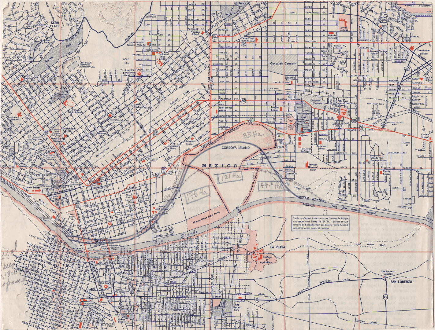 A map showing the resulting border between El Paso, Texas and Ciudad Juarez, Mexico, as a result of the Chamizal Treaty.