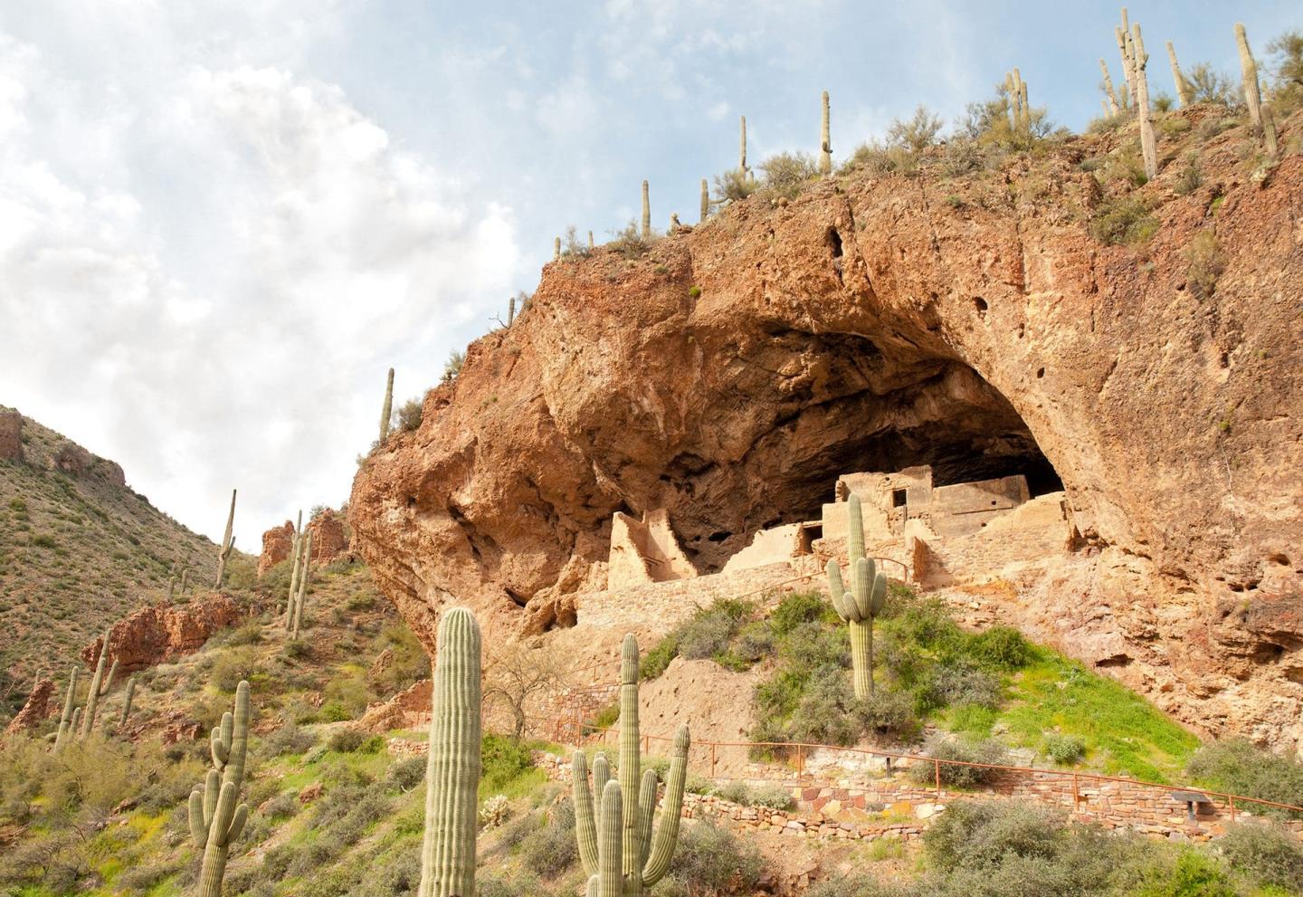Ancient cliff dwellings with cacti in desert landscape under a cloudy sky.