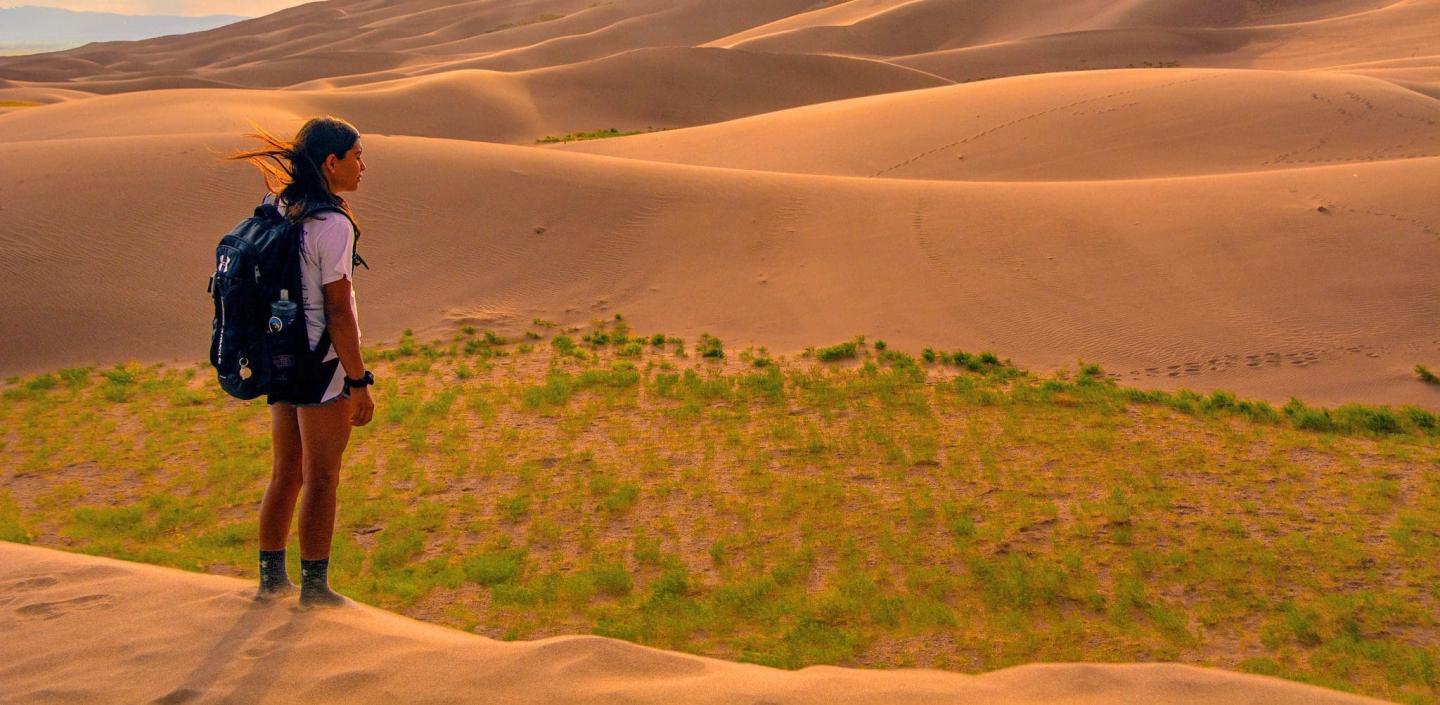 Hiker with backpack looking at vast sandy dunes under a clear sky.