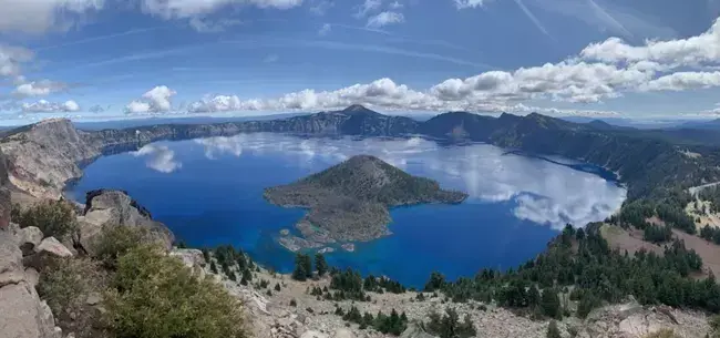 Sun kissed panorama shot of Crater Lake.