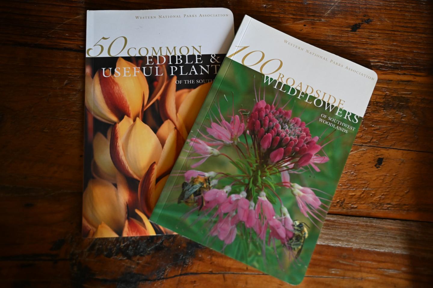 Two nature guidebooks published by Western National Parks on a wooden table, featuring plants and wildflowers.
