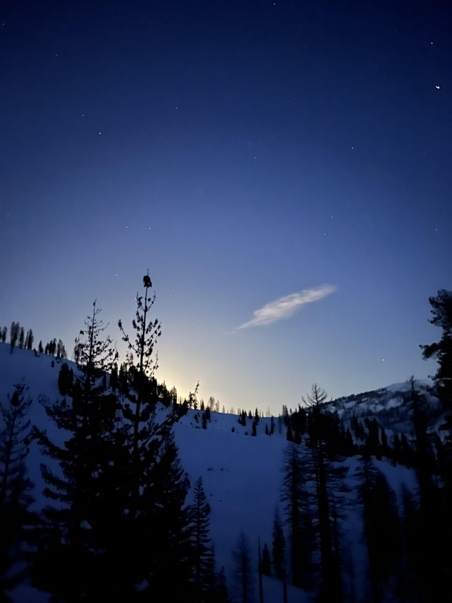Night sky over snowy trees with a single cloud, a glowing horizon, and scattered stars.