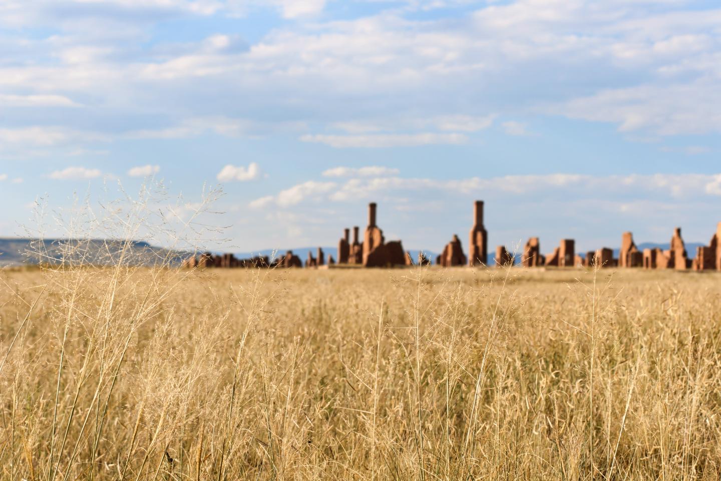 Golden grass field with distant Fort Union under a partly cloudy sky.