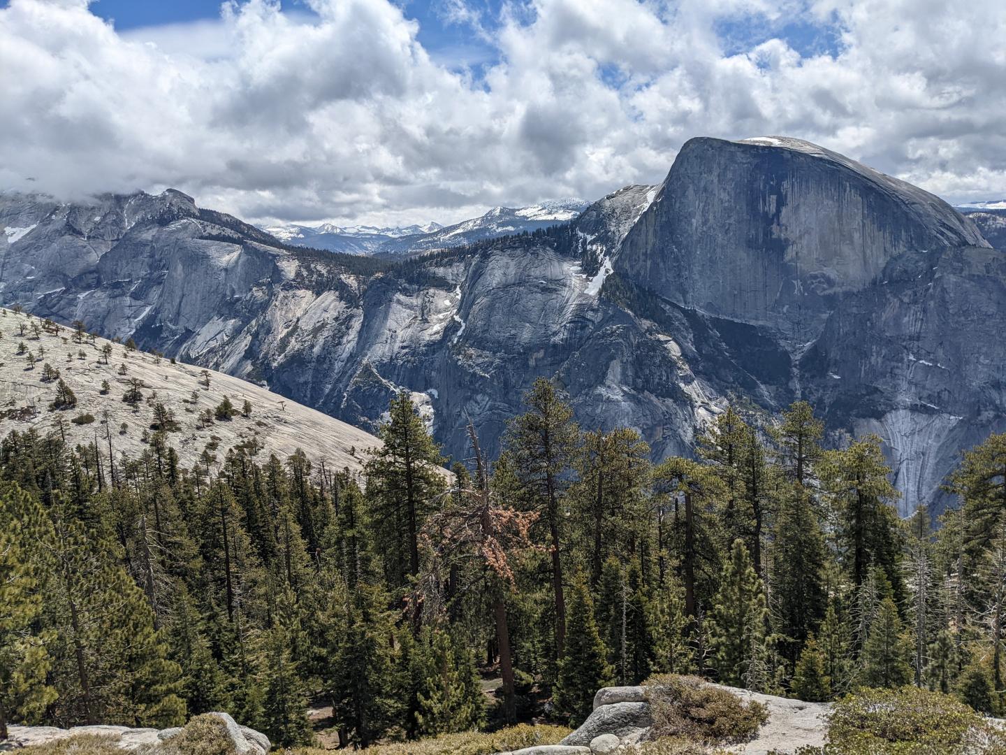 Half Dome landscape with pine trees and a rocky peak under a cloudy sky.