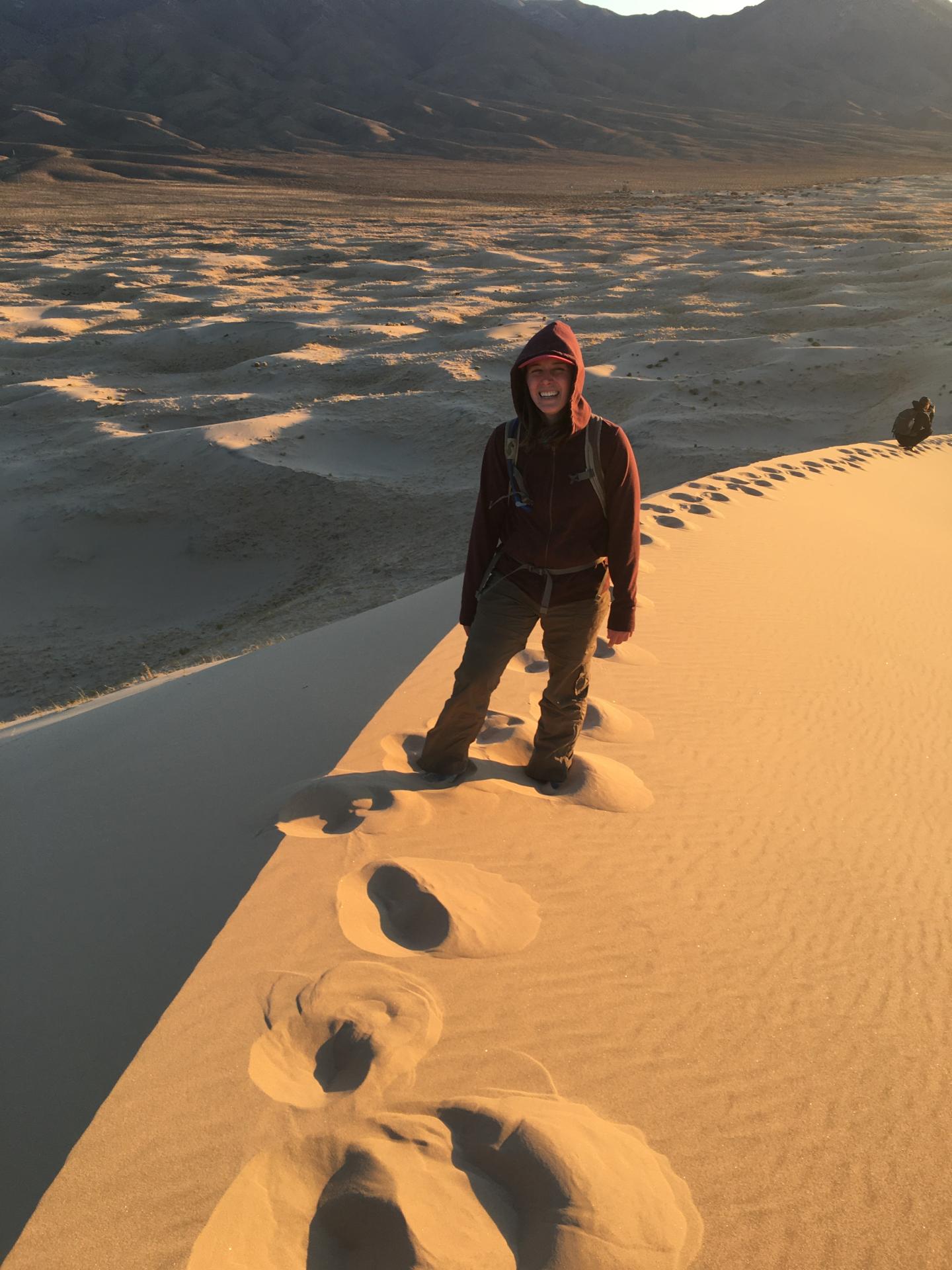 Hiker on dunes standing on a sand dune at sunset, casting long shadows.
