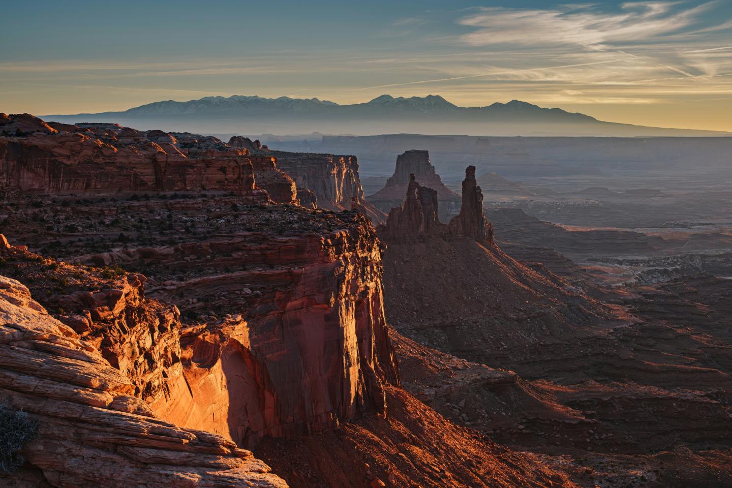 Sunset at Canyonlands and distant mountains.
