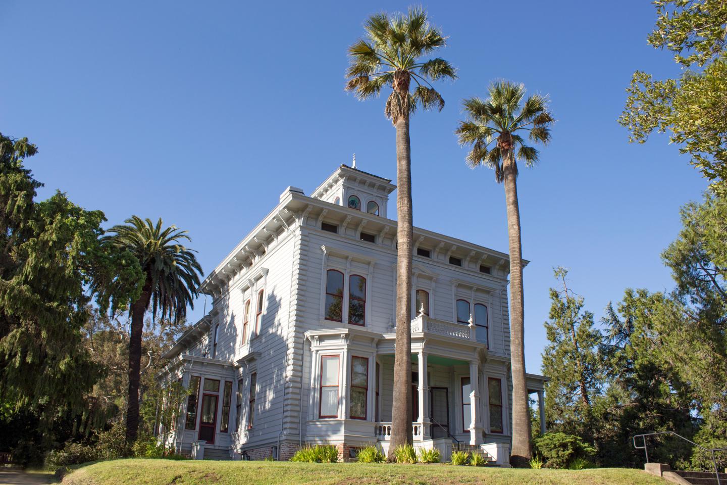 John Muir's house with palm trees under a clear blue sky.