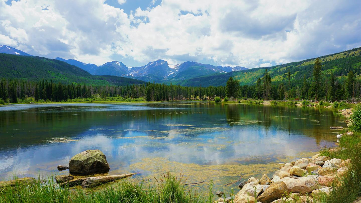 Calm lake with mountain backdrop and blue sky with clouds.