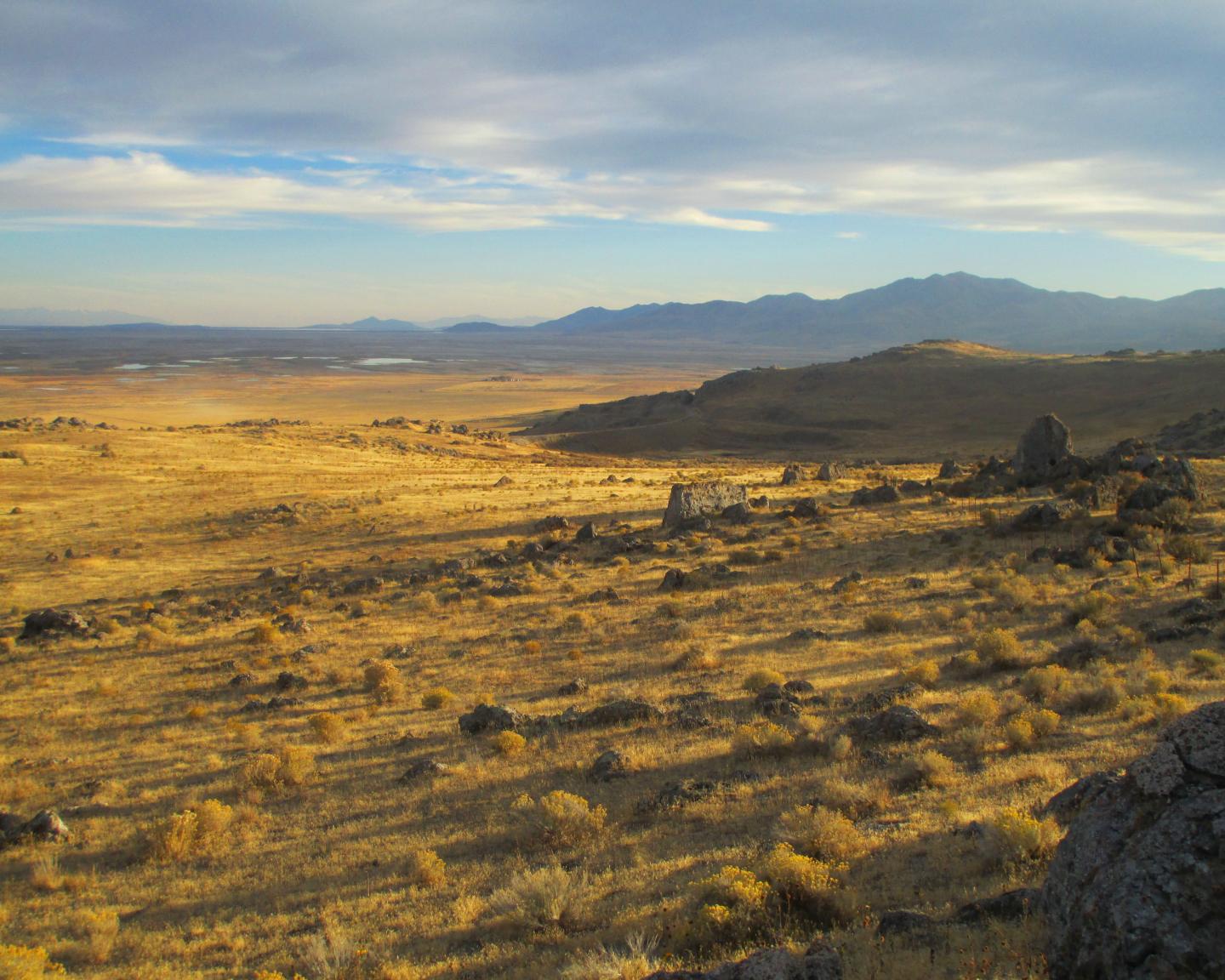 Rolling plains and distant mountains under a cloudy sky, bathed in warm sunlight.