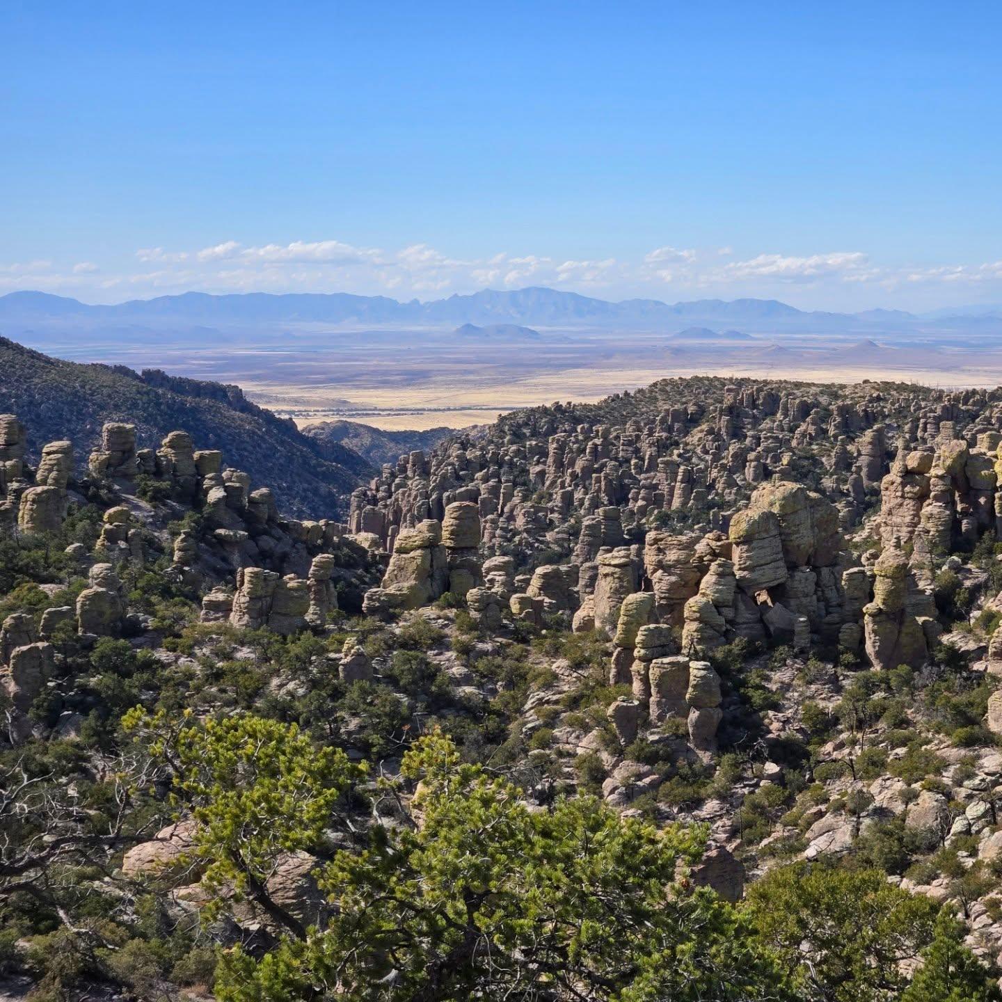 Rock formations in a desert landscape, with mountains in the distance under a clear blue sky.