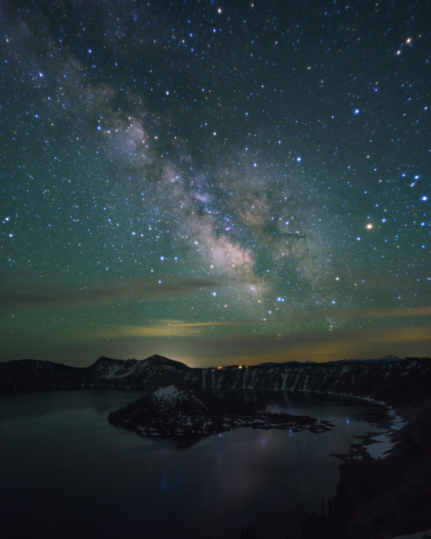 Crater Lake at night time with a clear sky