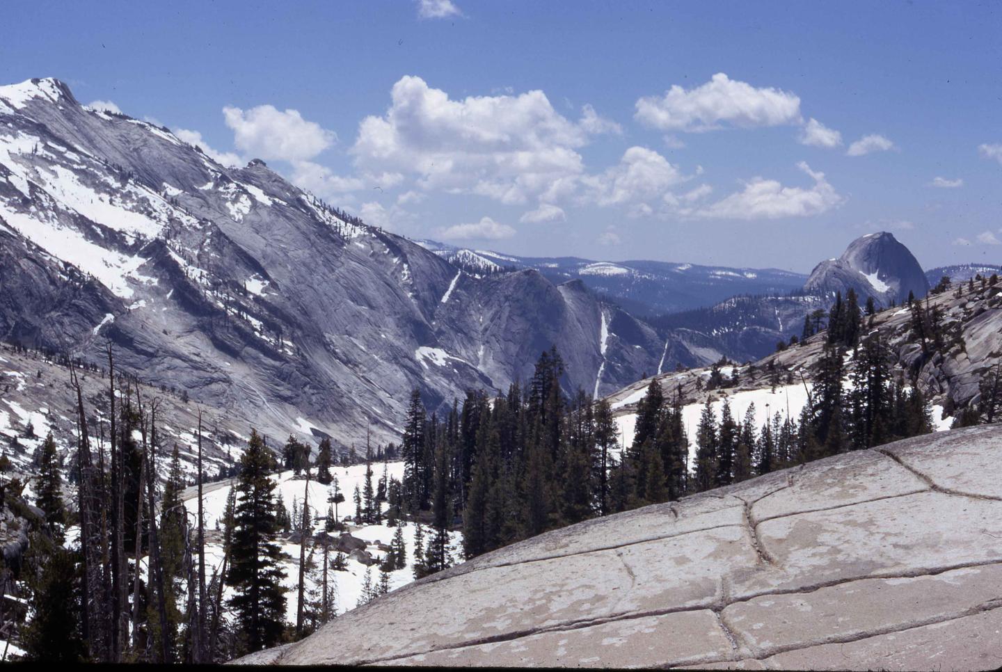 Snow-capped mountains with scattered trees under a blue sky with clouds.