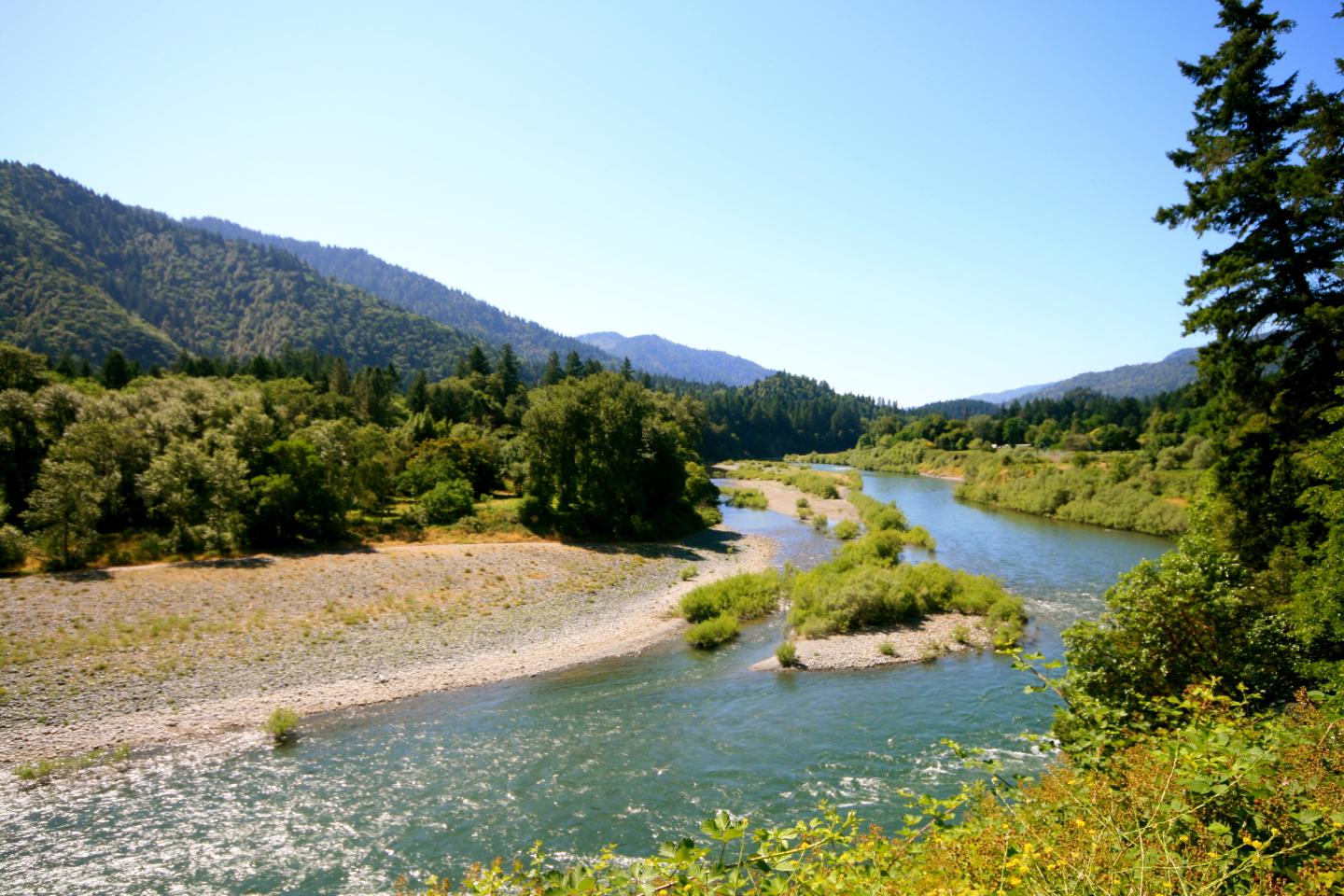 Trinity River winding through a forested valley under a clear blue sky.