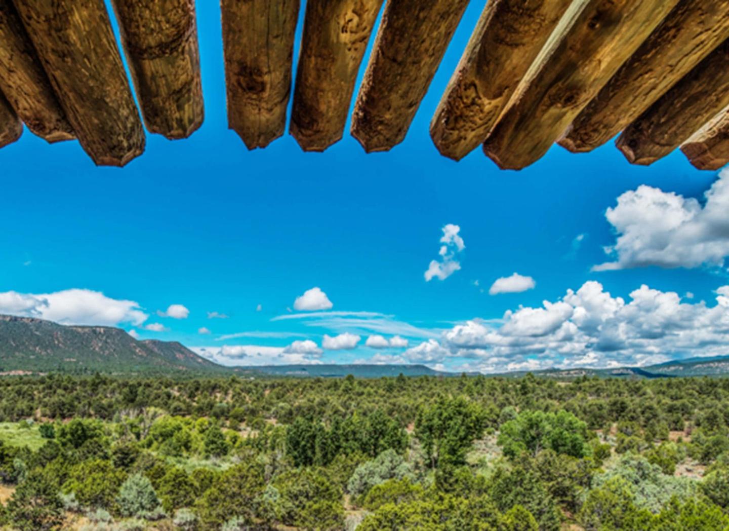 Palo Alto Battlefield landscape with mountains, trees, and a clear blue sky, framed by wooden beams.