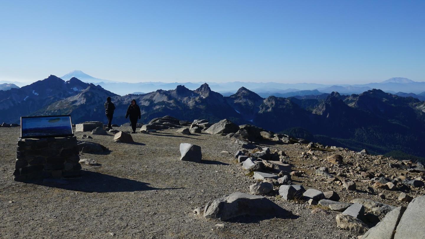Mountain viewpoint with two people, clear sky, and distant peaks.