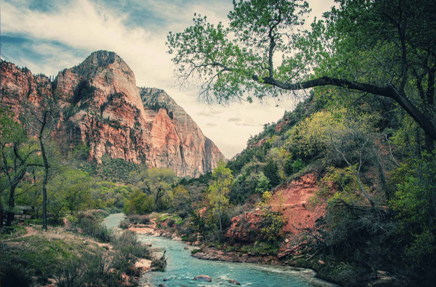 Scenic valley with a river, trees, and rocky mountains.