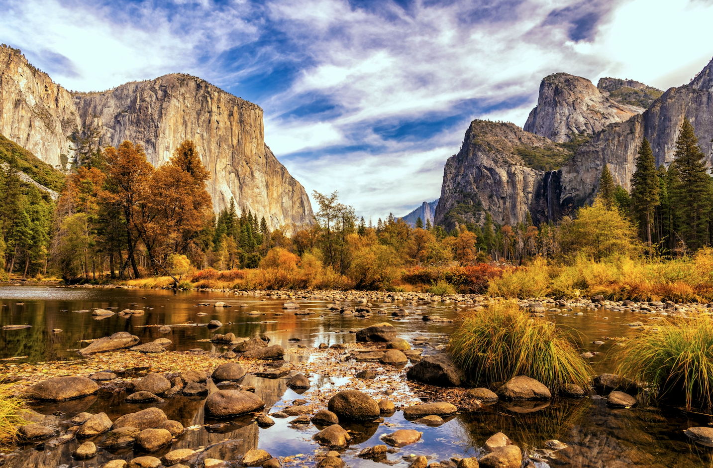 Yosemite Valley in autumn, with vibrant foliage and reflection in a calm river.