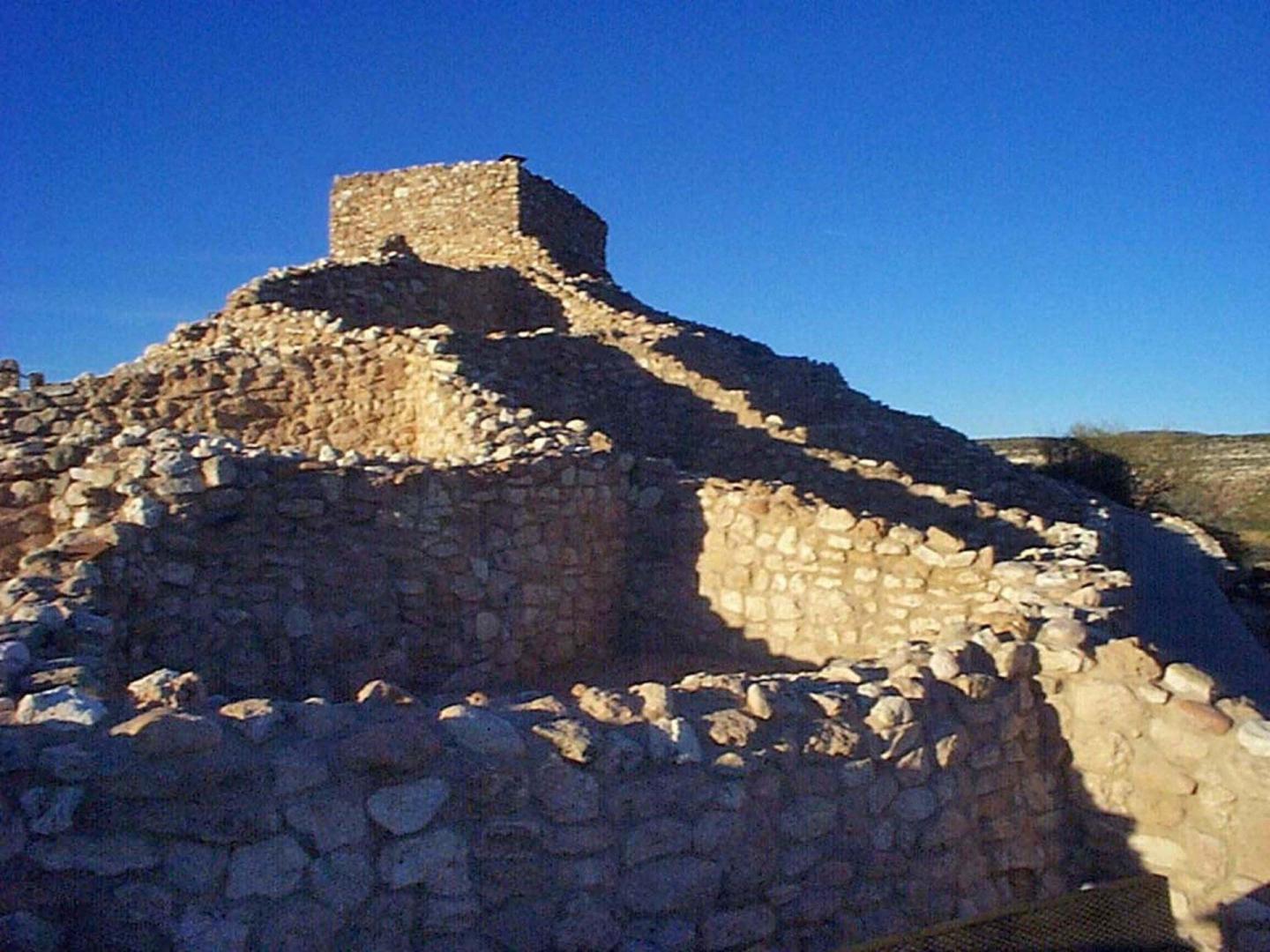 Tuzigoot ruins under a clear blue sky.
