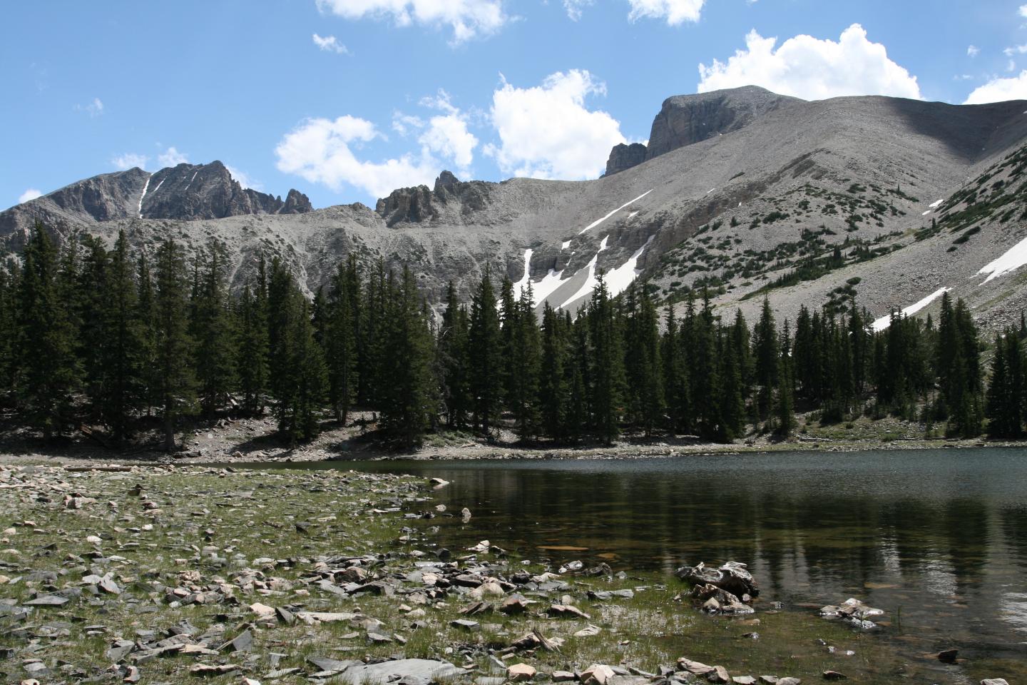 Mountain lake with trees, clear sky, and rocky peak in the background.