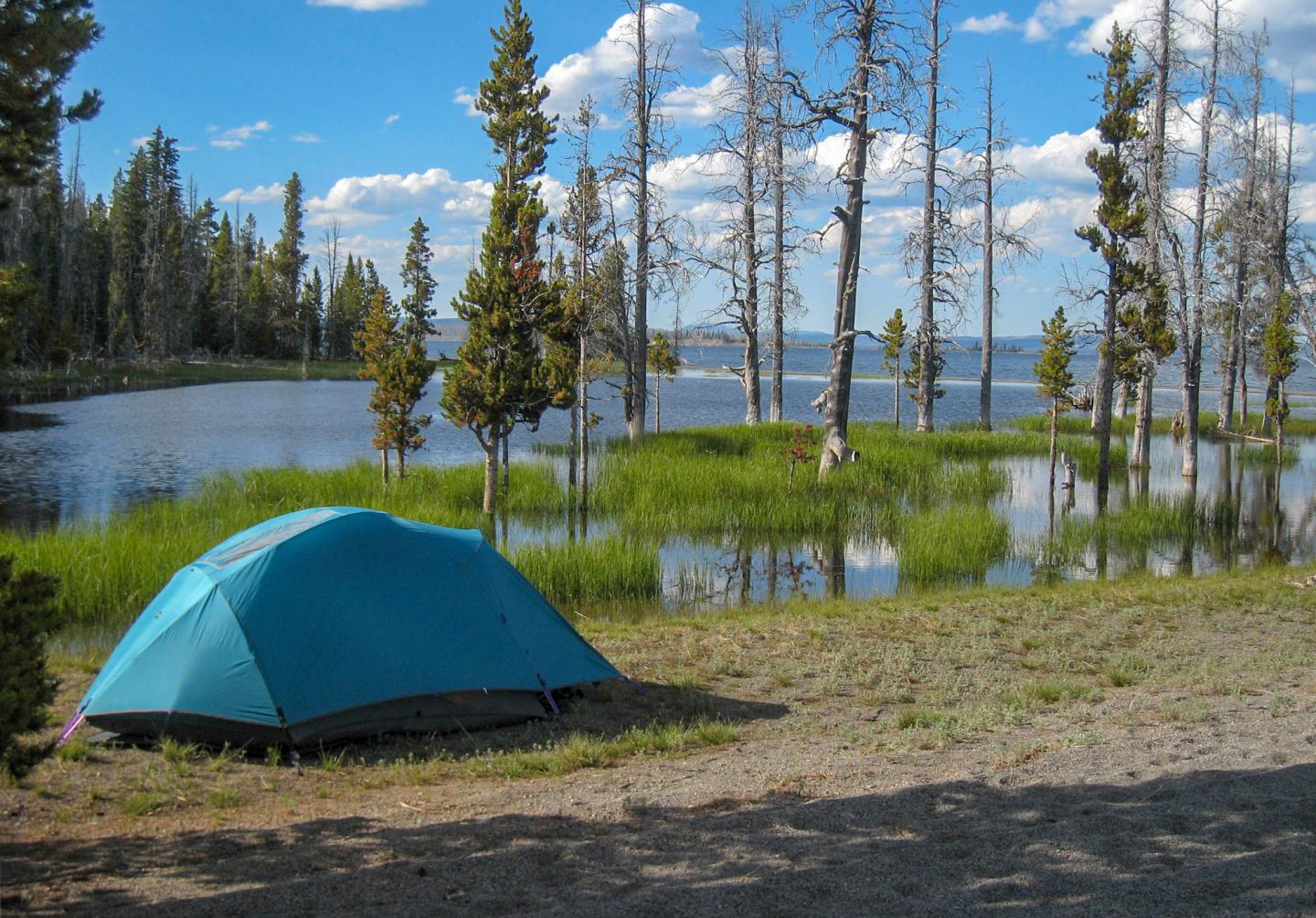Tent by a lake with trees, under a blue sky with clouds.