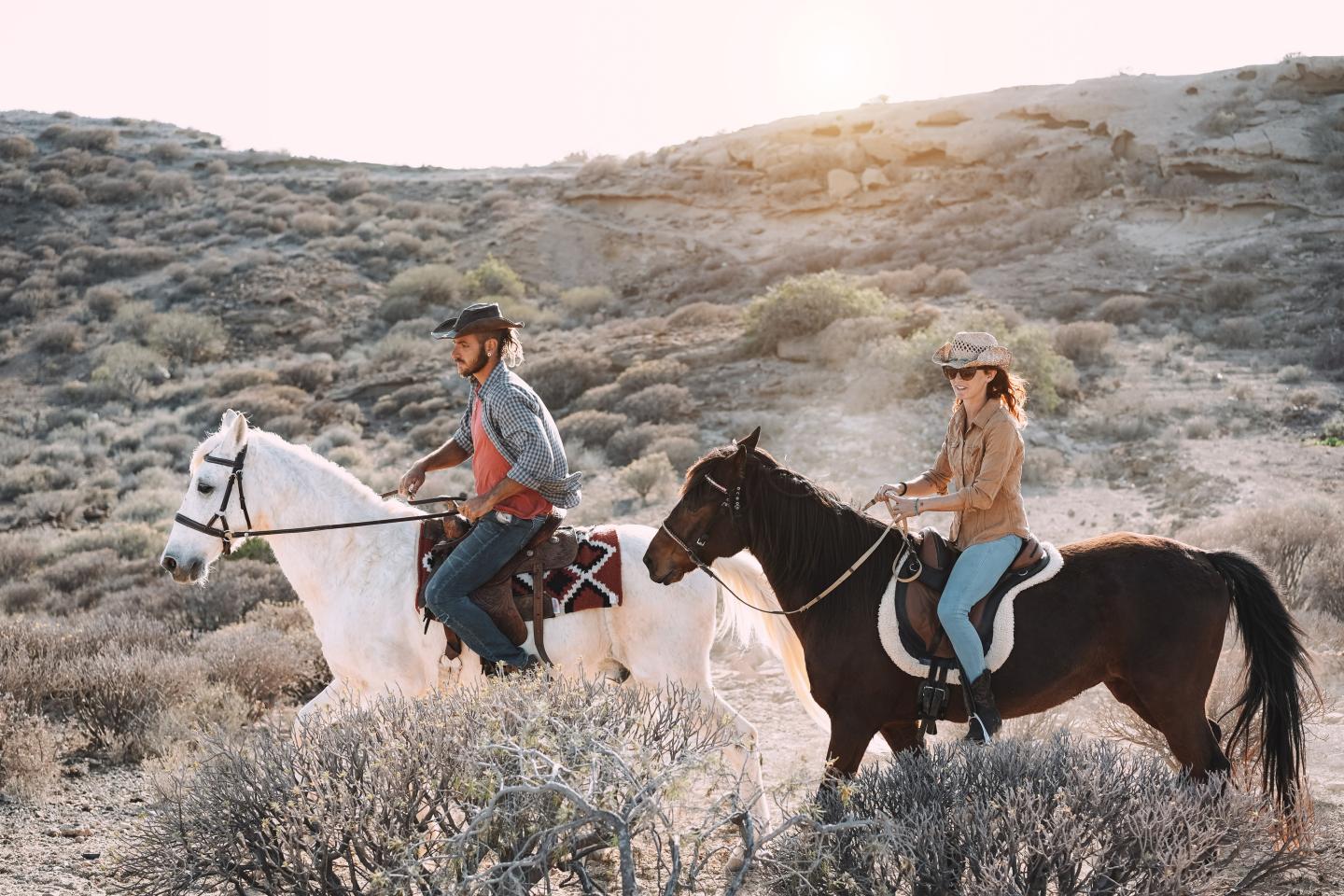 Two people riding horses in a desert at sunset.