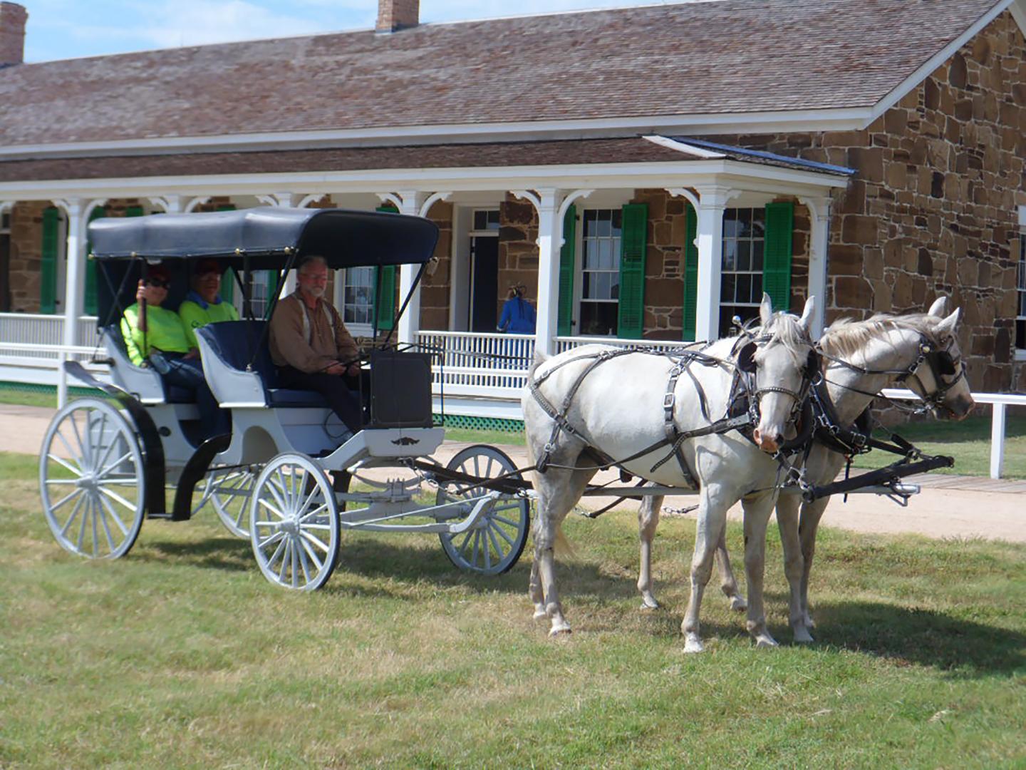 Horse-drawn carriage with two passengers near a historic building.