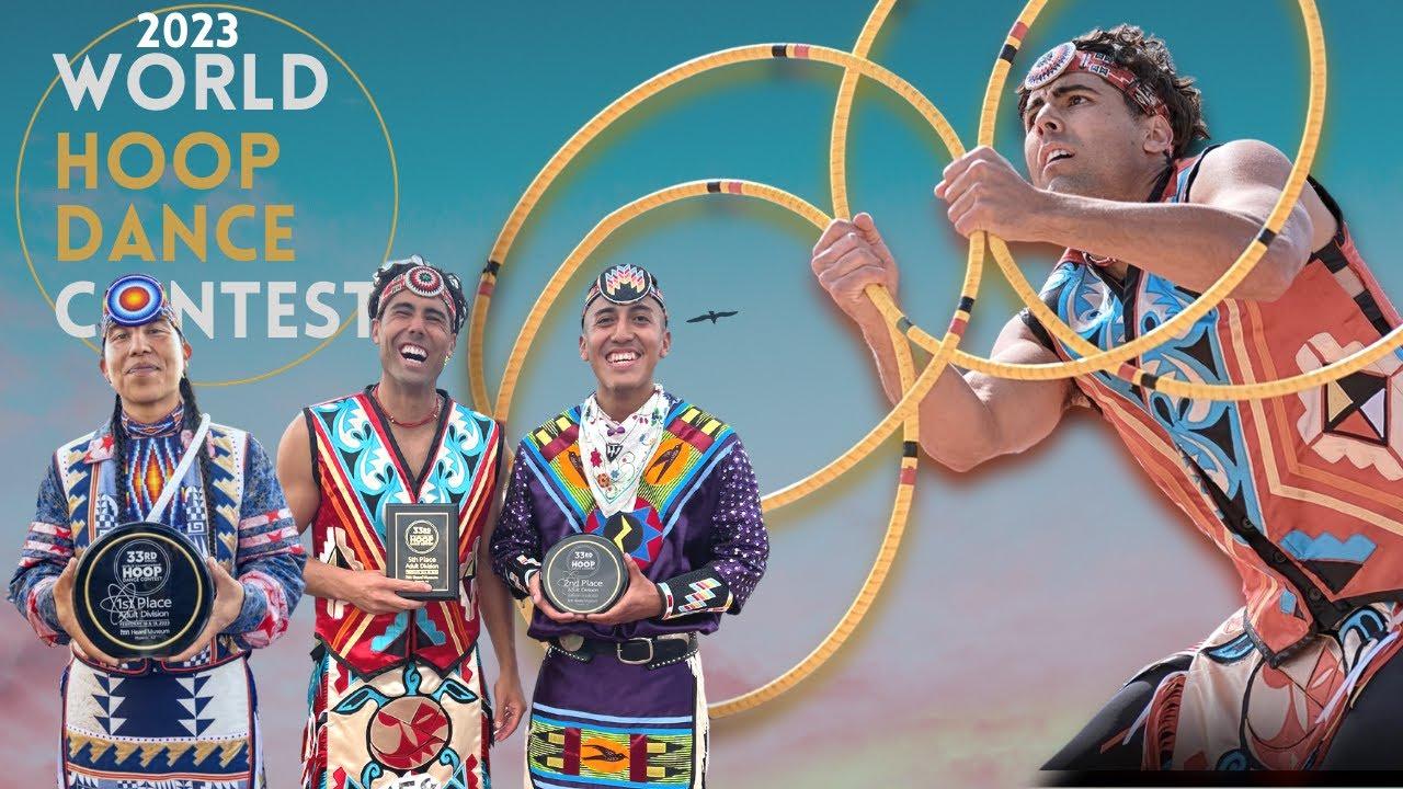 Three men in colorful attire hold awards; dancer with hoops in action. Sky background.