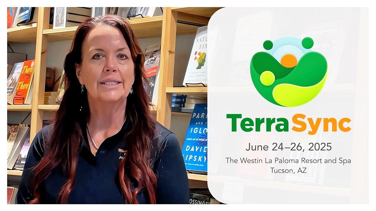 Woman in bookstore next to TerraSync logo and event details.