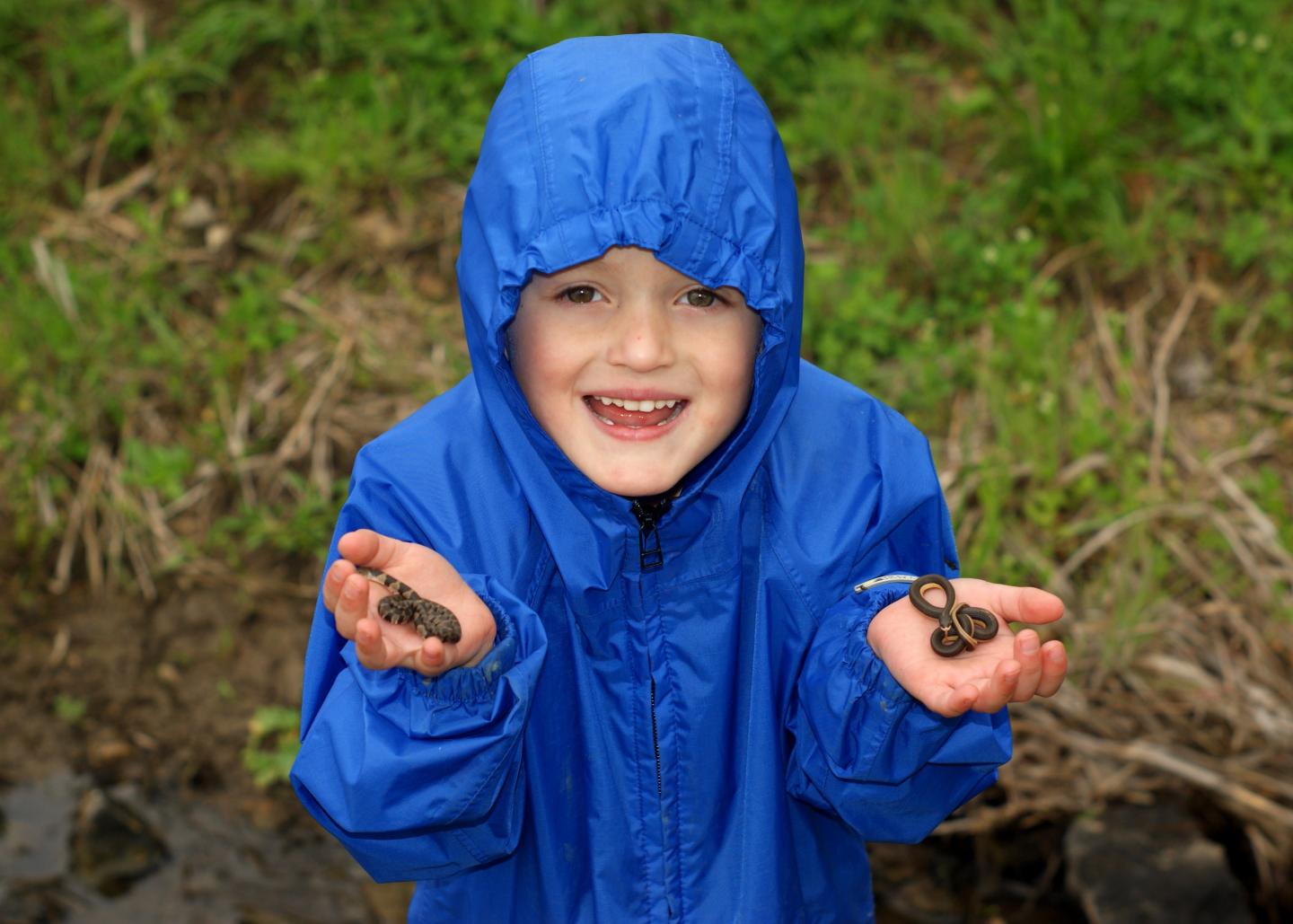 Child in blue raincoat joyfully holding small amphibians by a stream.