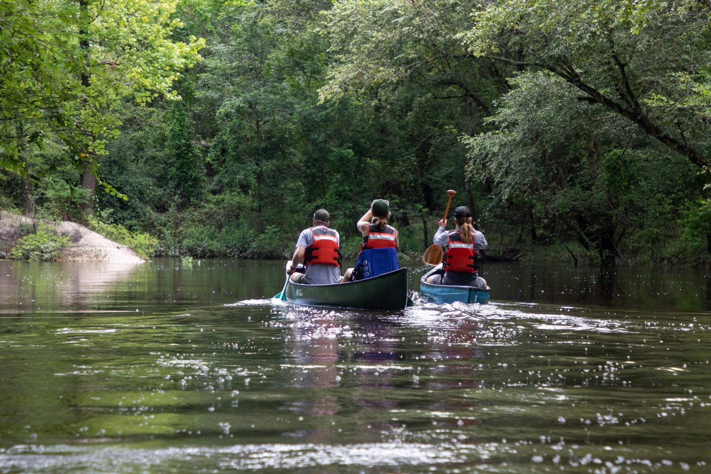 Three people canoeing on a calm river surrounded by lush trees.