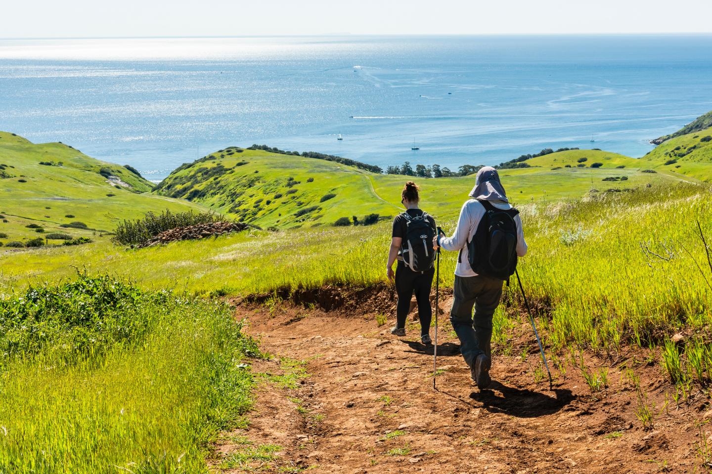 Two people hiking on a grassy trail overlooking the ocean.