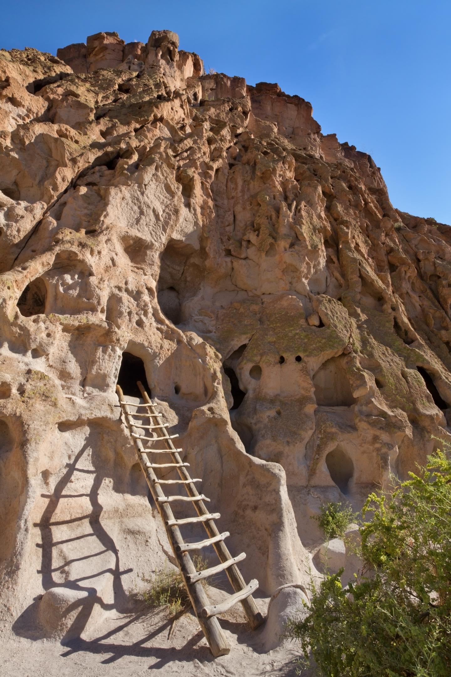 Wooden ladder leading to cliffside cave dwellings under a clear blue sky.