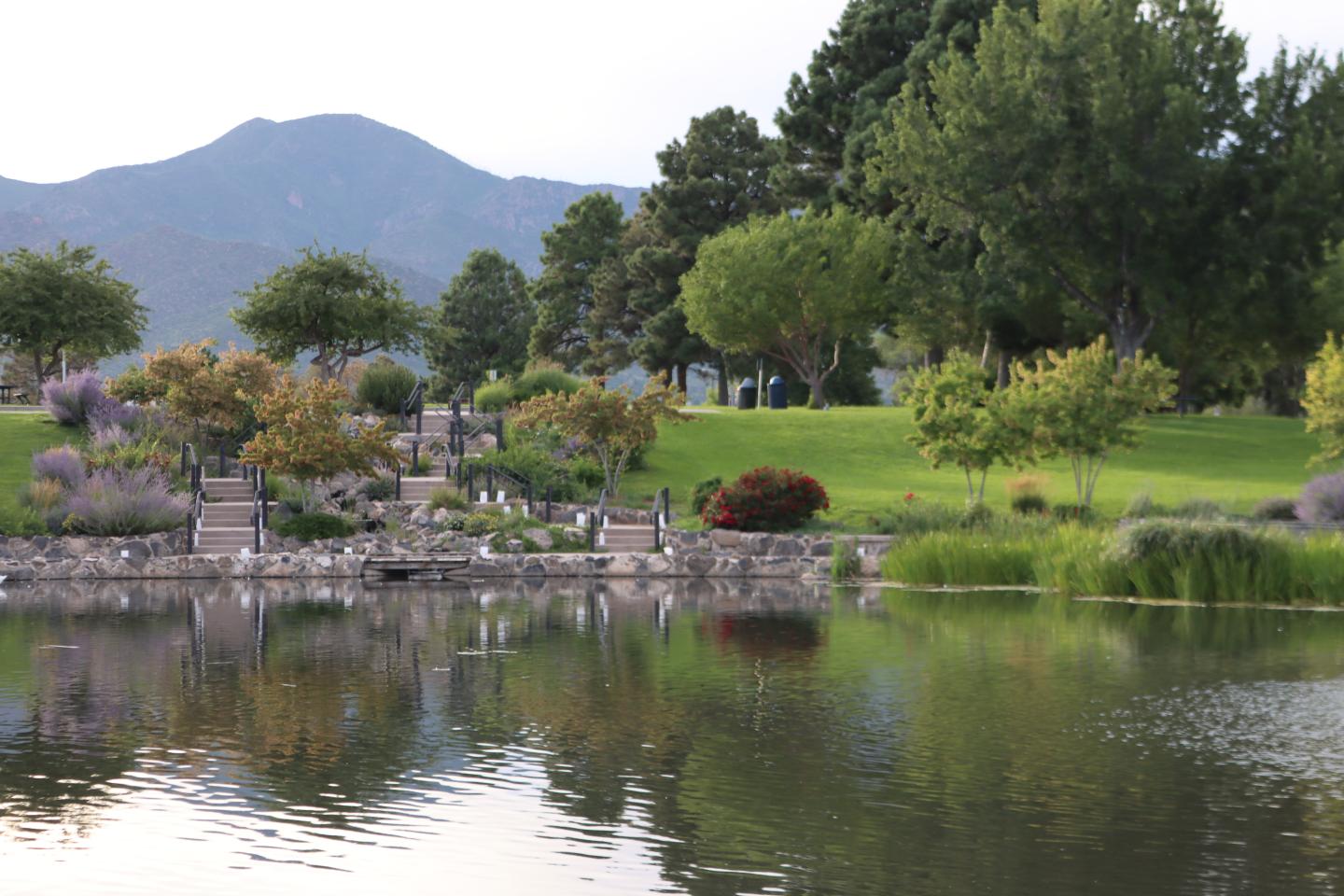 Mountain landscape with a park, trees, and a reflective pond.