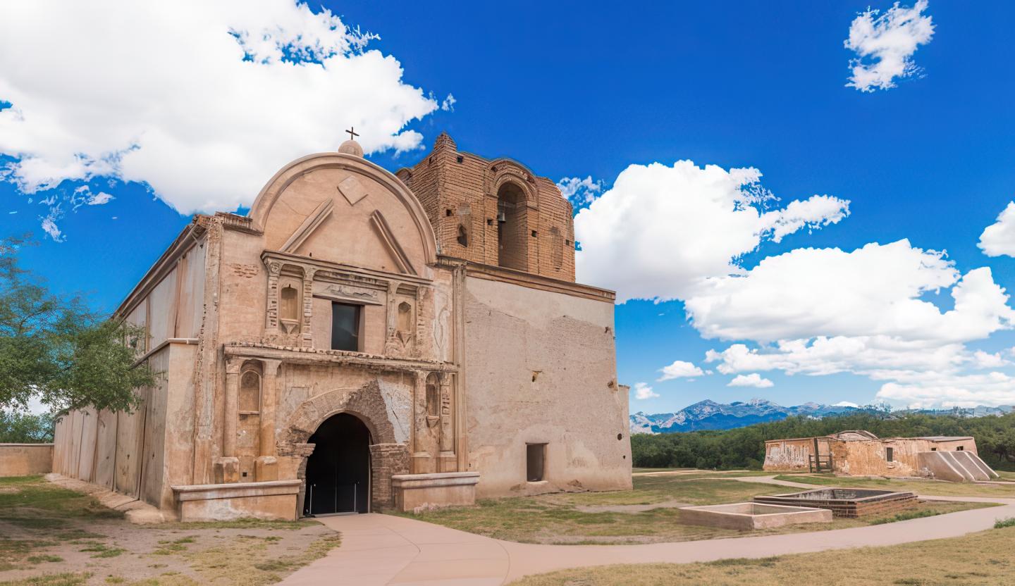 Historic adobe mission under a bright blue sky with clouds.