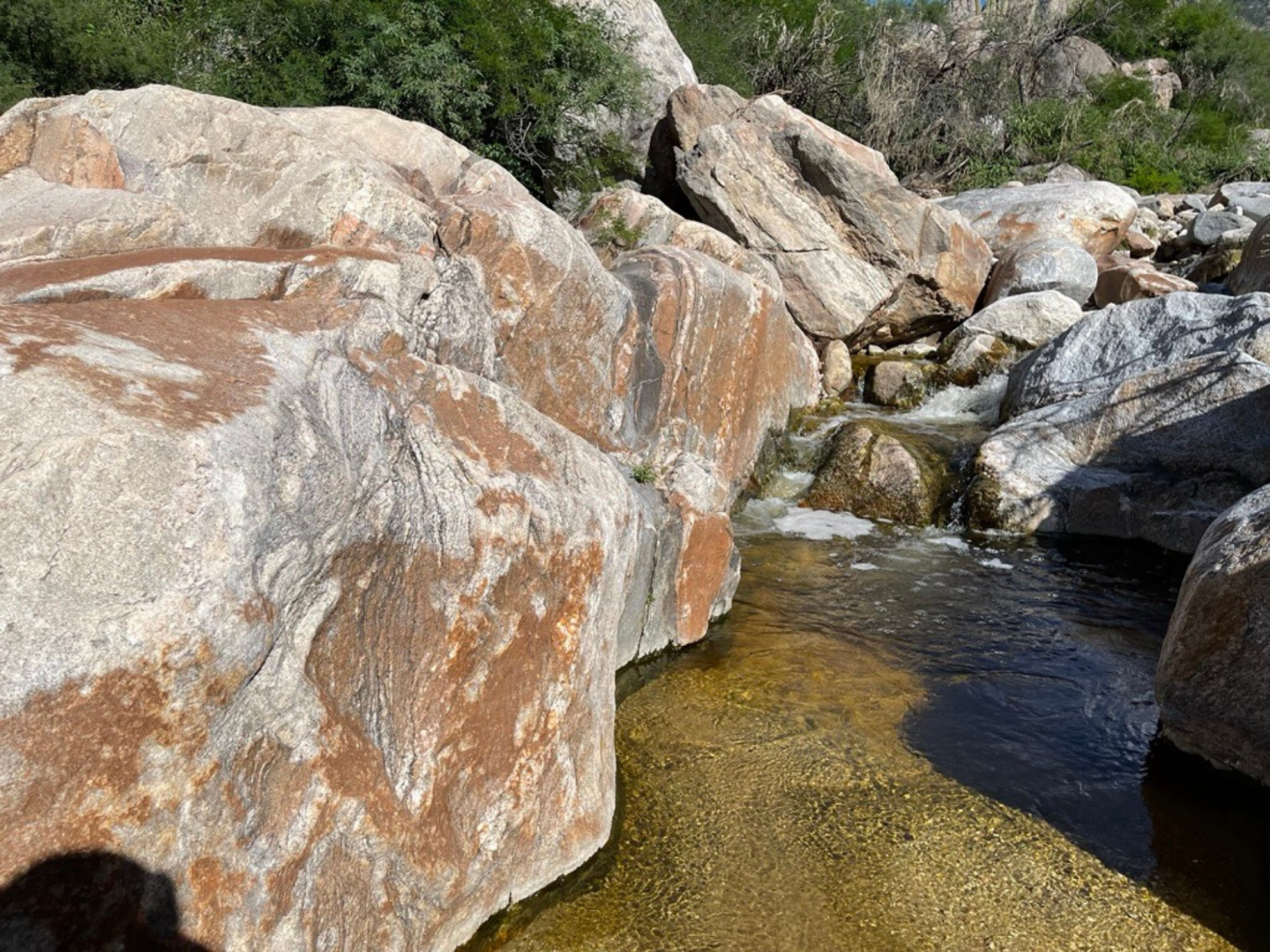 Rocky creek with clear water and large boulders, surrounded by greenery.