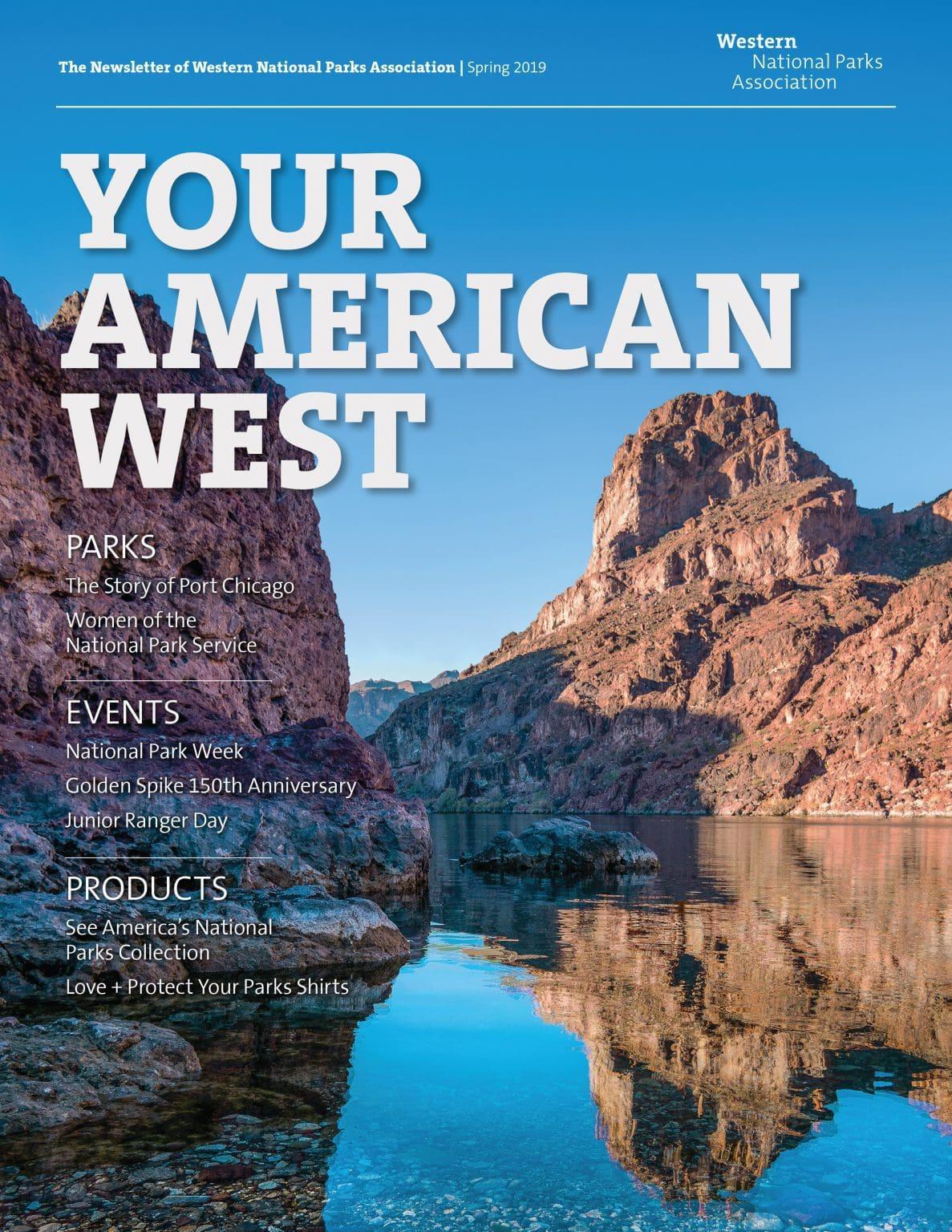 Magazine cover with canyon and river reflection under blue sky.