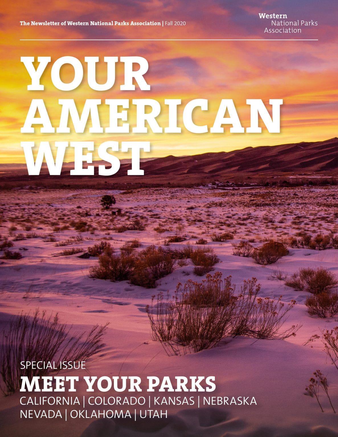 Sunset over a snowy desert landscape with brush, under a colorful sky. Magazine cover.