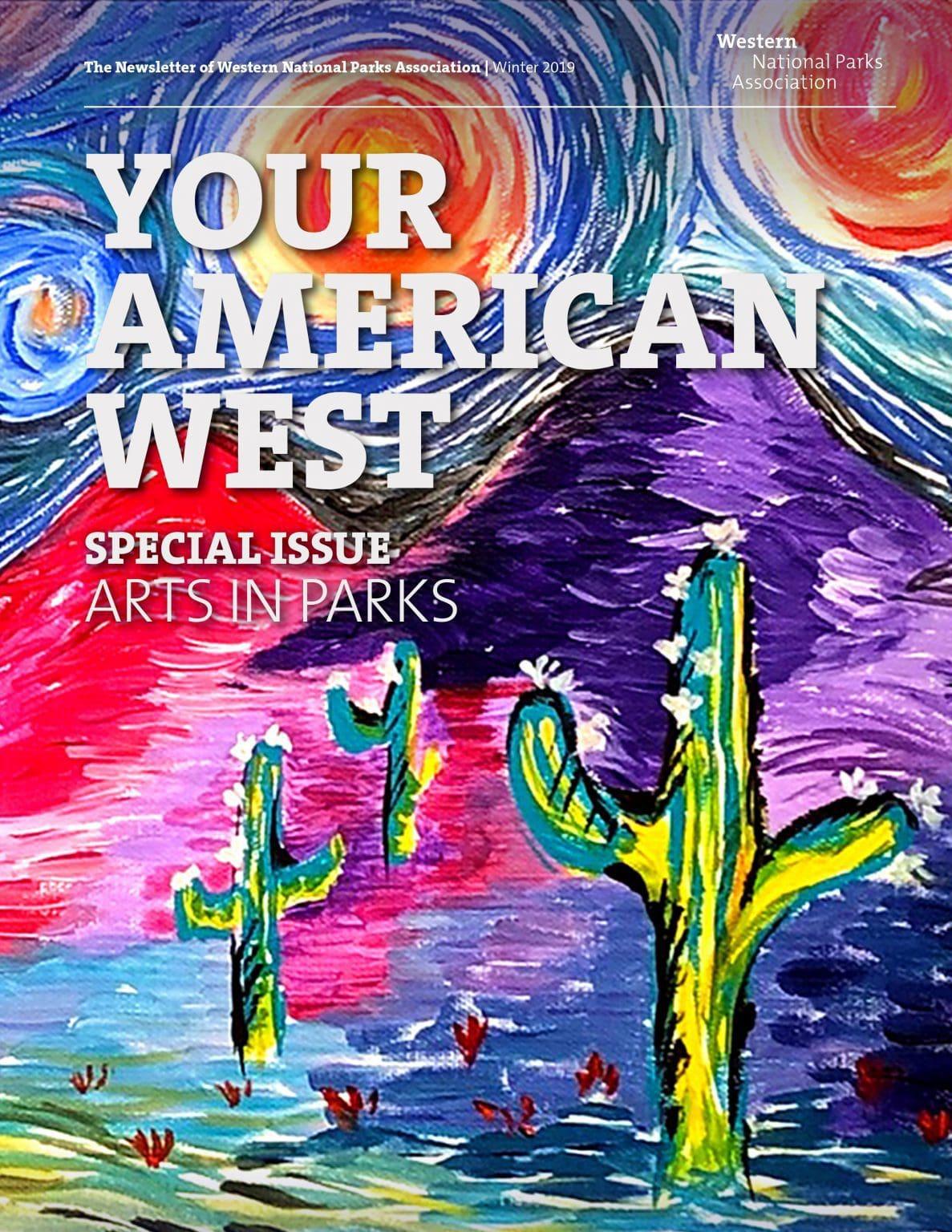 Colorful painting of cacti under a swirling, starry sky.