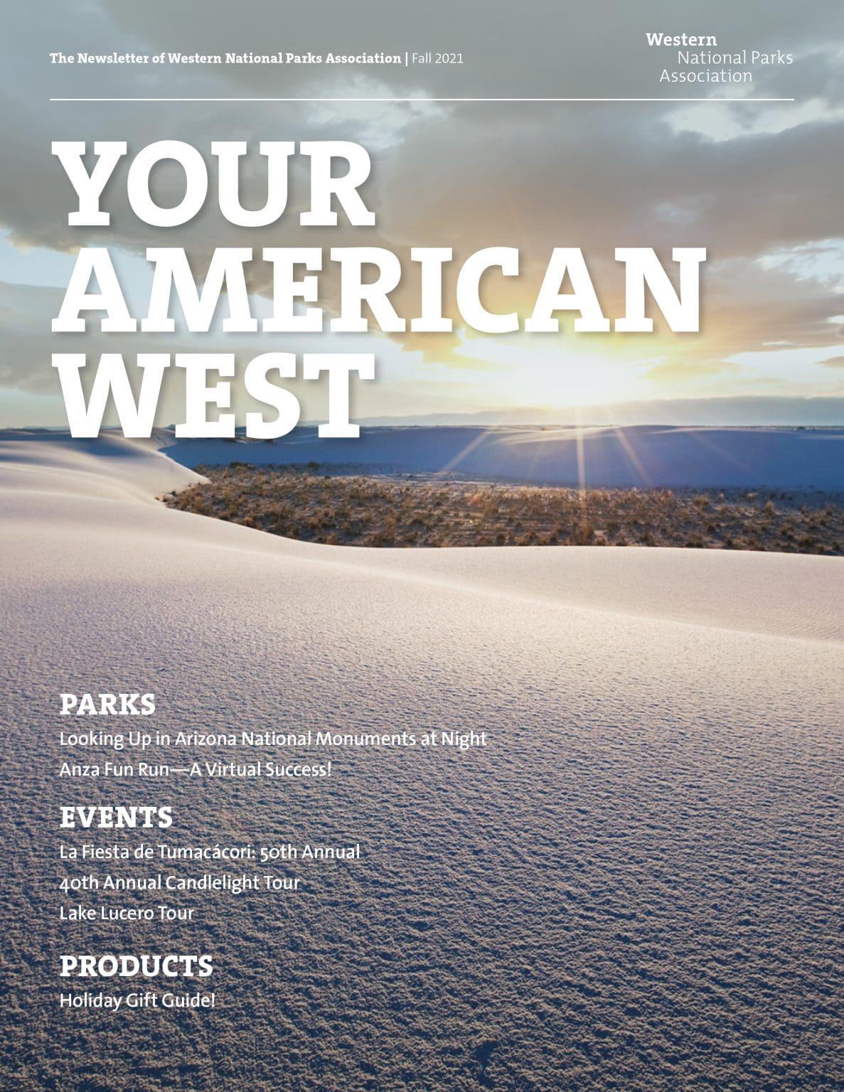 Sunrise over sand dunes with "Your American West" text.