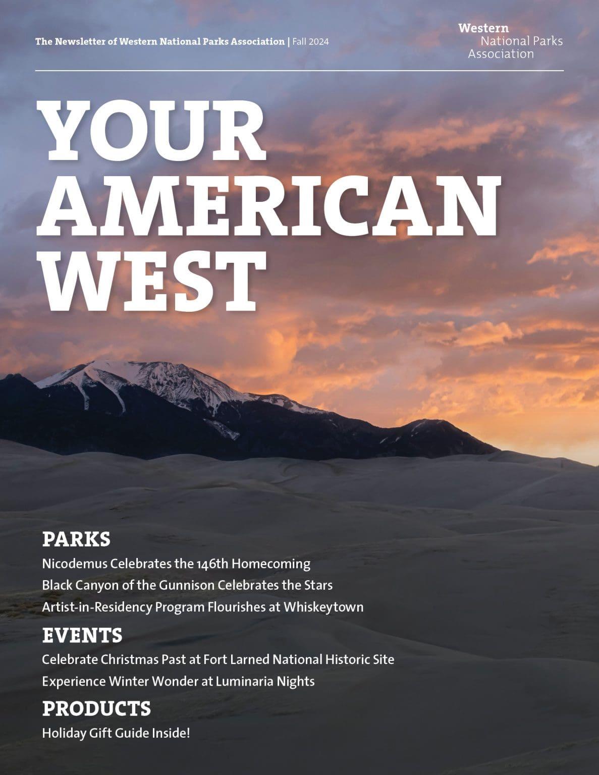 Sunset over mountains and sand dunes, magazine cover text overlaid.