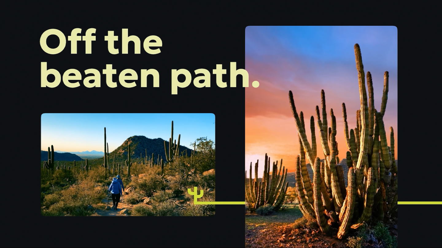Video thumbnail with images of desert landscape with cacti and colorful sunset with the words: off the beaten path.