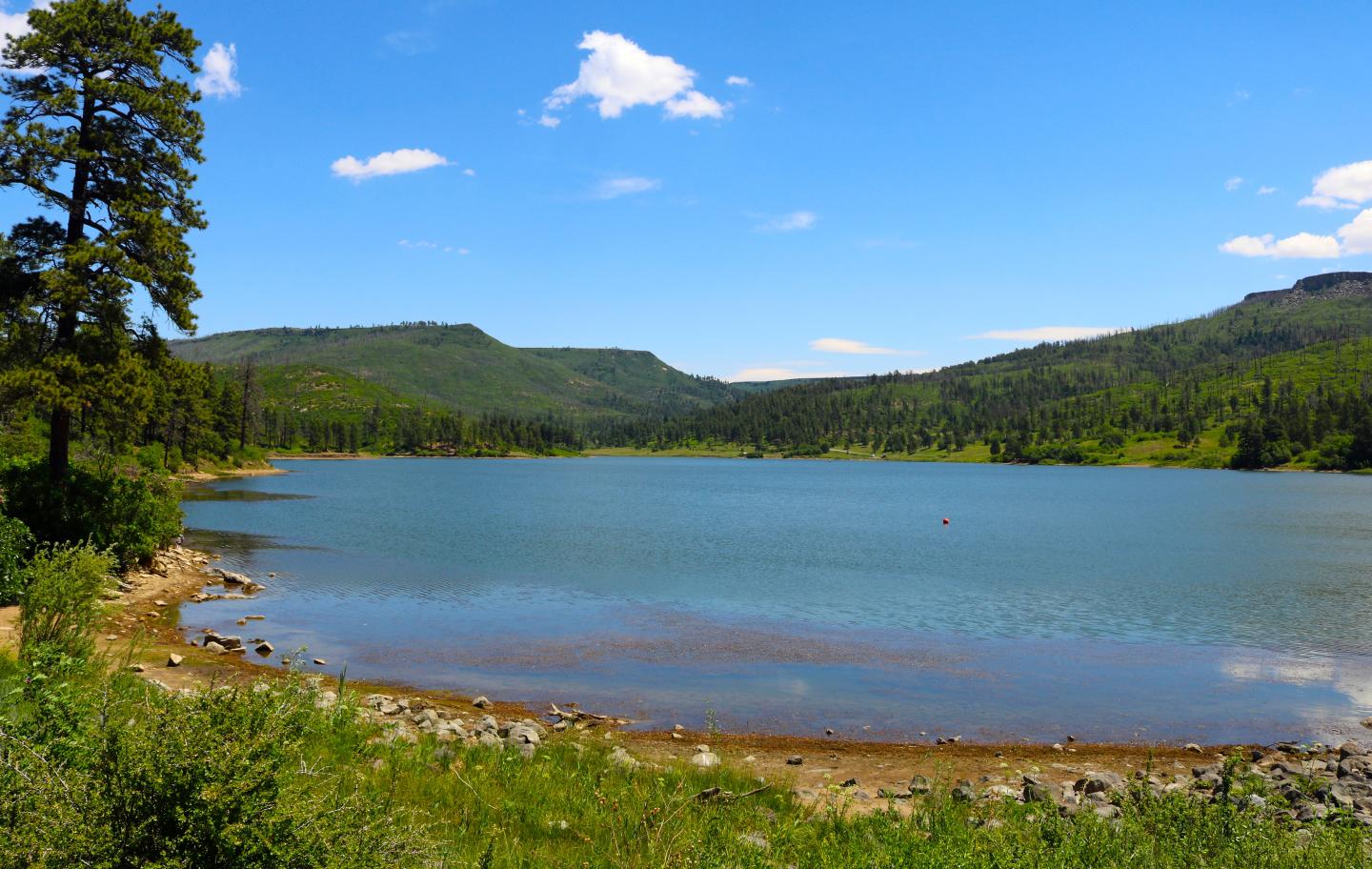 Lake with clear blue sky, surrounded by forested hills and a rocky shoreline.