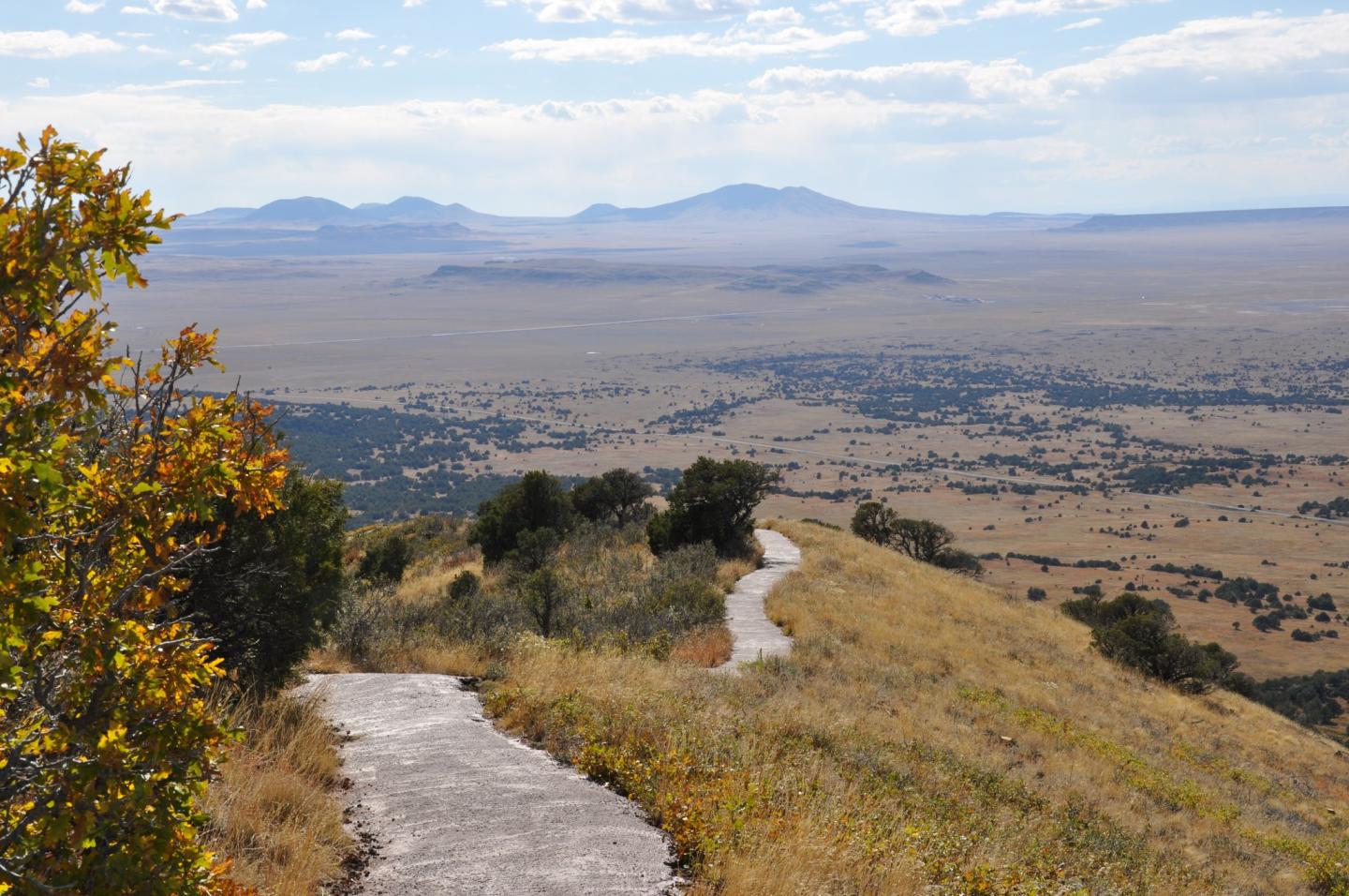 Winding trail through grassy hill under a cloudy sky, distant mountains in view.