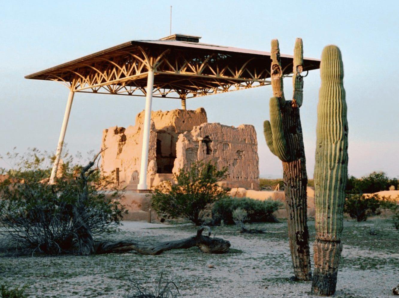 Ancient ruins under a shelter with saguaro cactus in the foreground.
