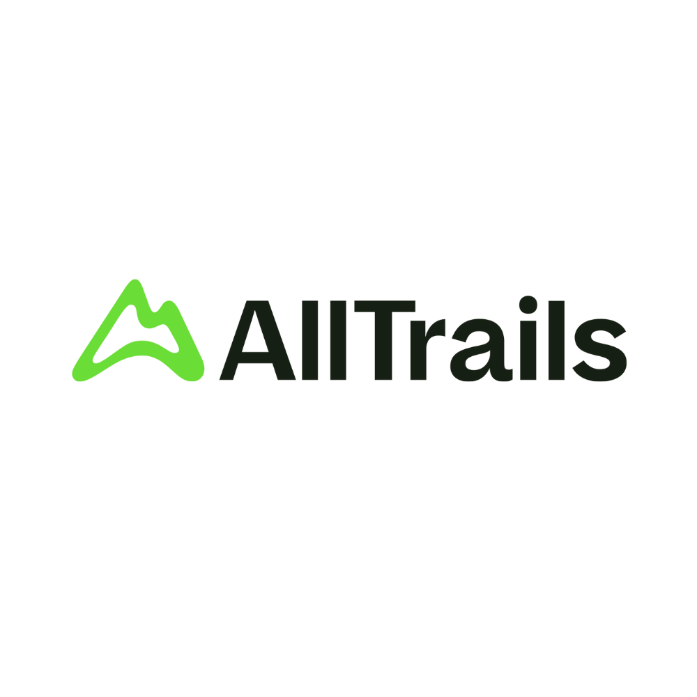 AllTrails logo with green mountain icon.
