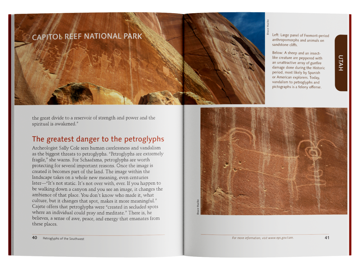 Open book displaying petroglyphs and text about Capitol Reef National Park.