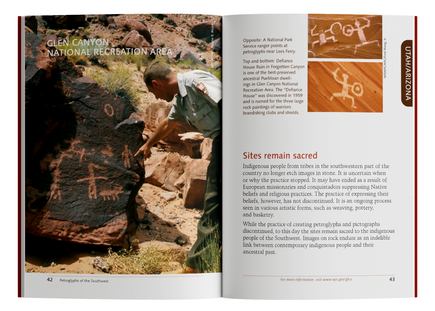 Man examining rock carvings at a historical site.