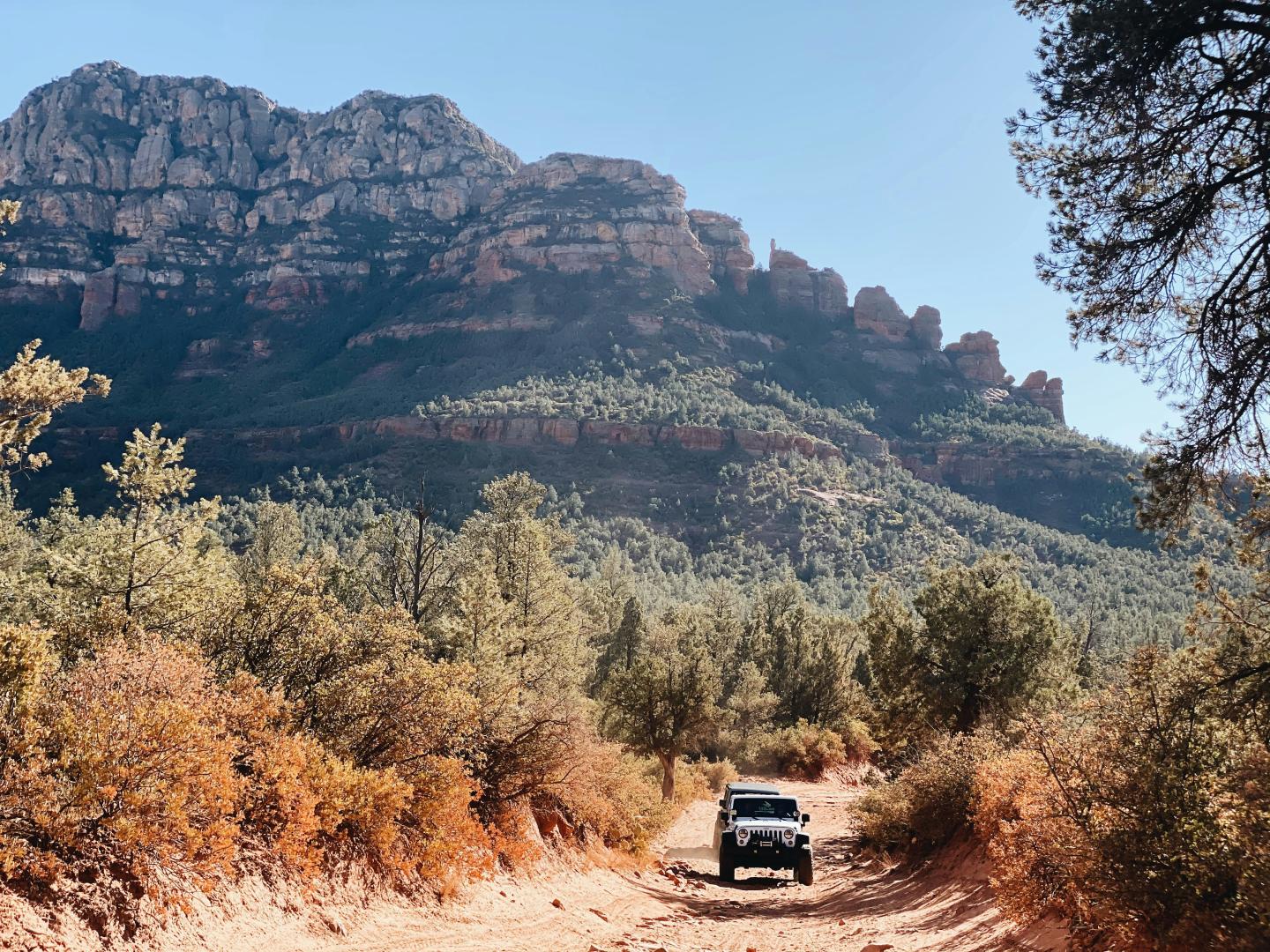 Off-road vehicle on a dirt trail with a mountain backdrop.